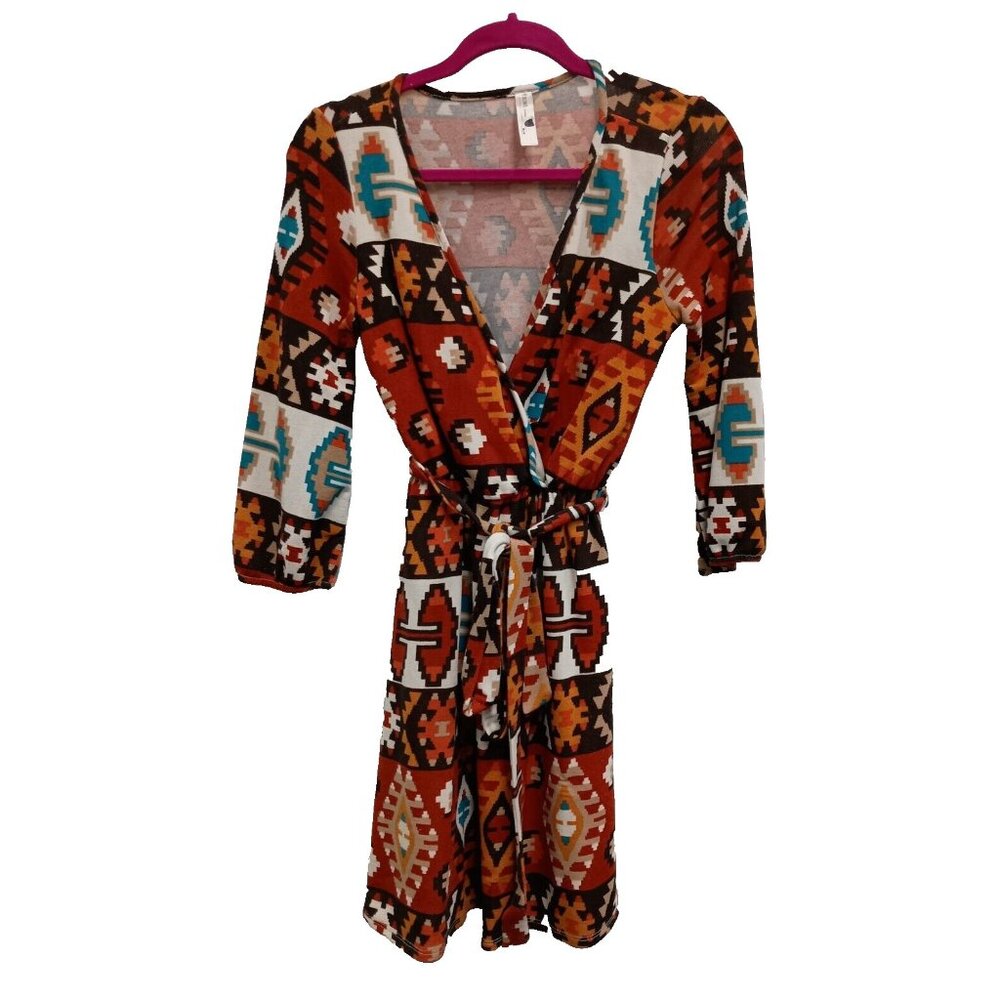 Pink Owl BOHO Sweater Dress Womens Small Orange Southwest 3/4 Sleeve Mini